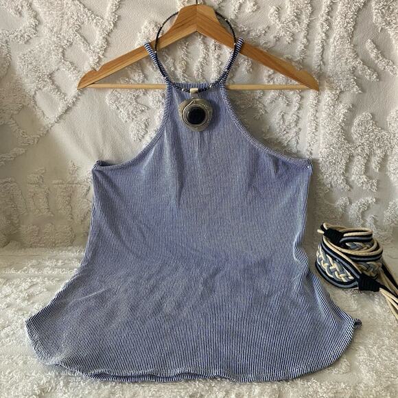 JANETTE PLUS USA Halter Tank Top Women’s Sz L Striped Blue/White Nautical Beachy - Picture 1 of 5